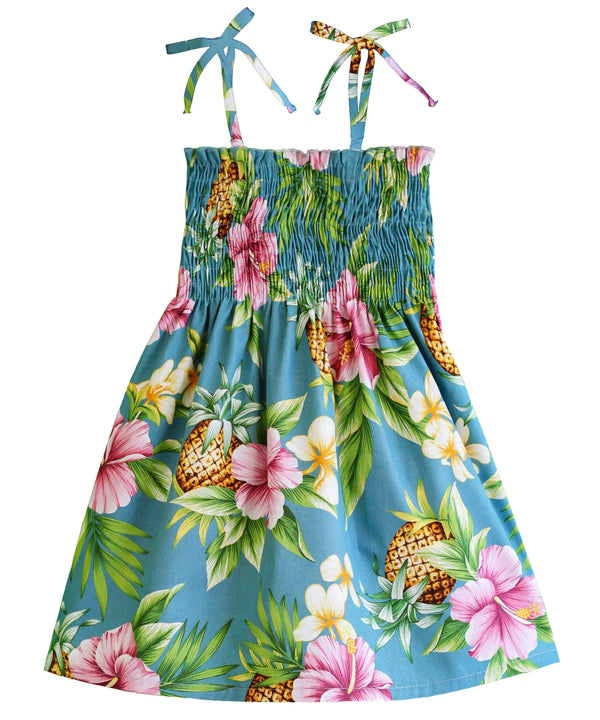 Girls Smock Hawaiian Dress Hibiscus Pineapples Valley Slate