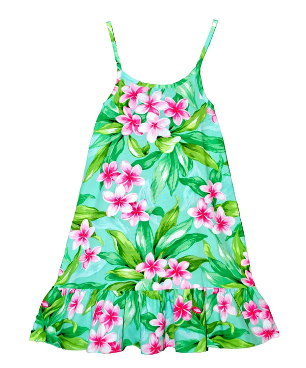 Girls Sundress with Ruffle Hem Plumeria Garland Mint