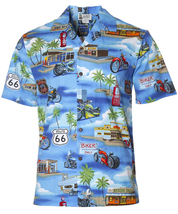 Biker's Route 66 Authentic Hawaiian Motorcycles Shirt Light Blue