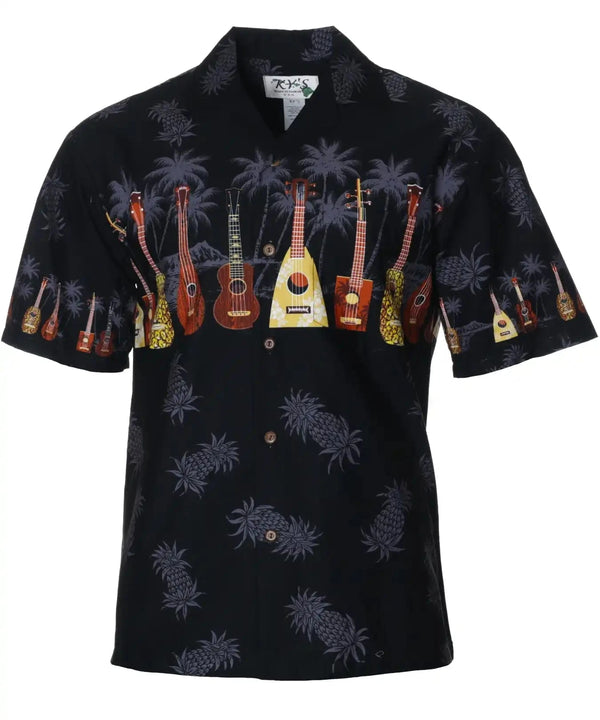 Island Ukulele Chest Border Hawaiian Shirt Black