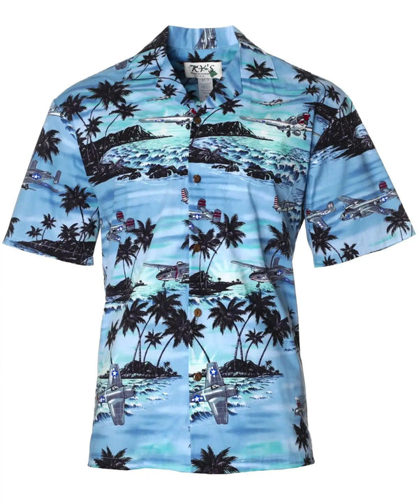 Men's Hawaiian Shirt Airplanes Diamond Head Blue