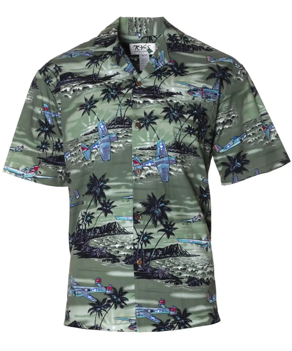 Men's Hawaiian Shirt Airplanes Diamond Head Green