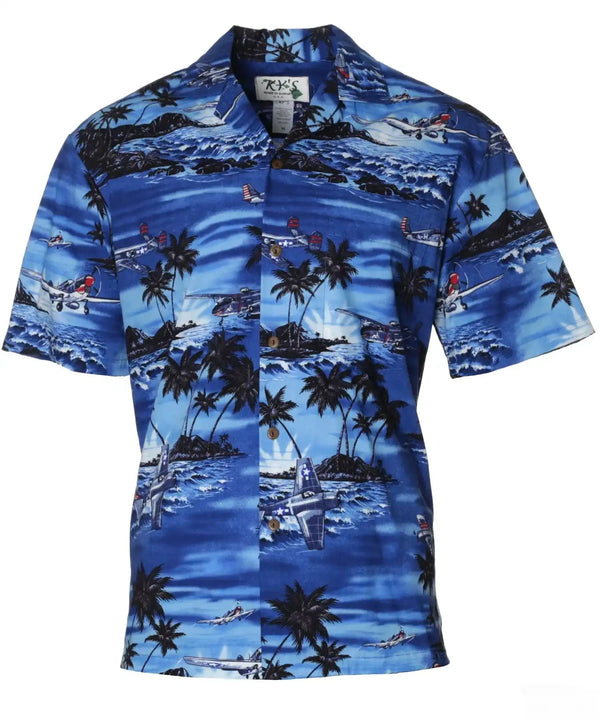 Men's Hawaiian Shirt Airplanes Diamond Head Navy
