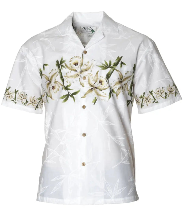 Orchids Chest Border Hawaiian White Shirt White