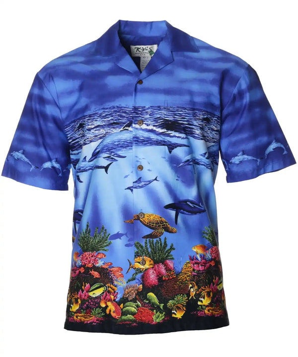 Ocean Dolphins Adventures Hawaiian Border Shirt Navy