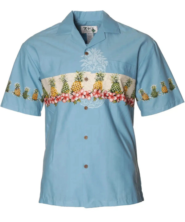 Chest Border Aloha Shirt Island Pineapples Blue