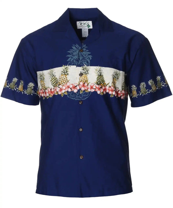 Chest Border Aloha Shirt Island Pineapples Navy