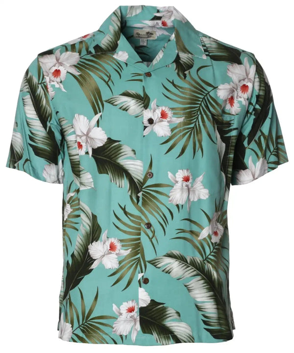 Orchids Creation Resort Rayon Hawaiian Shirt Green