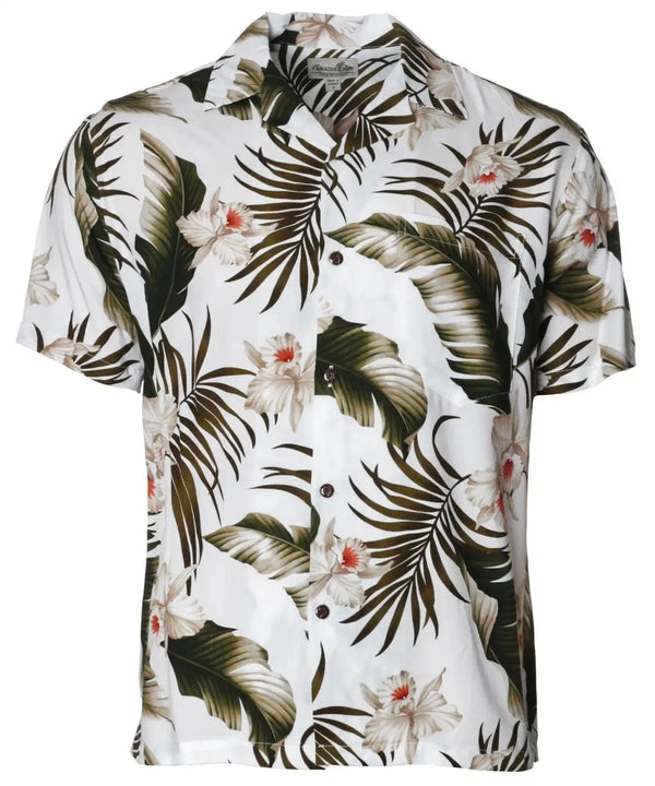 Orchids Creation Resort Rayon Hawaiian Shirt White