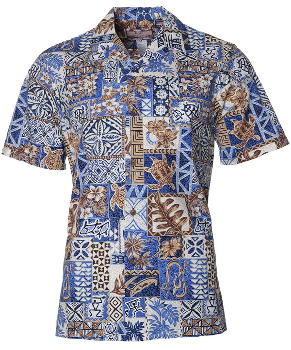 Tapa Honu Mosaic Aloha Style Shirt Blue RJC