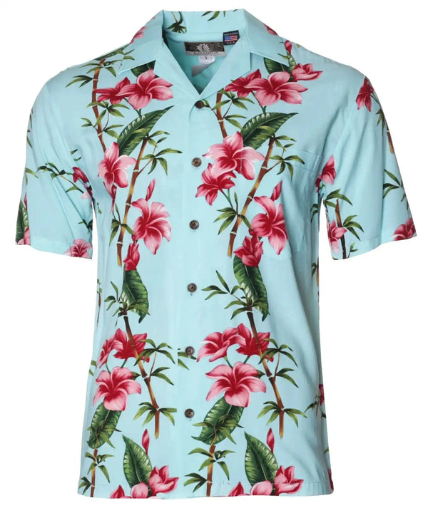 Hawaiian Shirt Bamboo Hibiscus Island Aqua