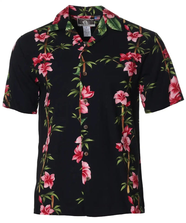 Hawaiian Shirt Bamboo Hibiscus Island Black