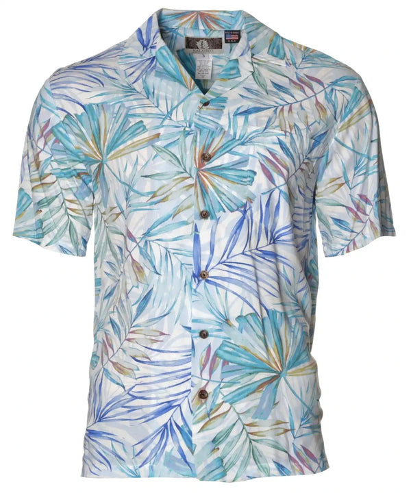 Hawaiian Rayon Shirt Watercolors Palms Light Blue