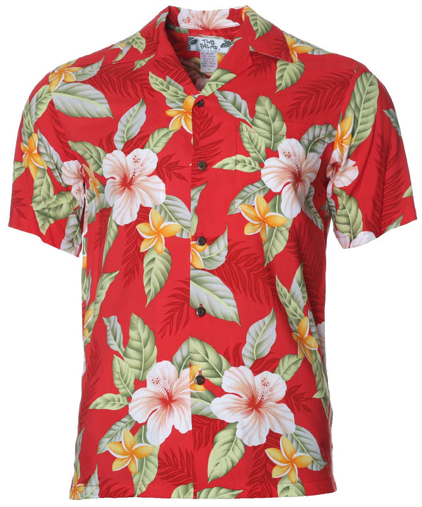 Men Hawaiian Shirt Ula Ula Hibiscus Red Two Palms