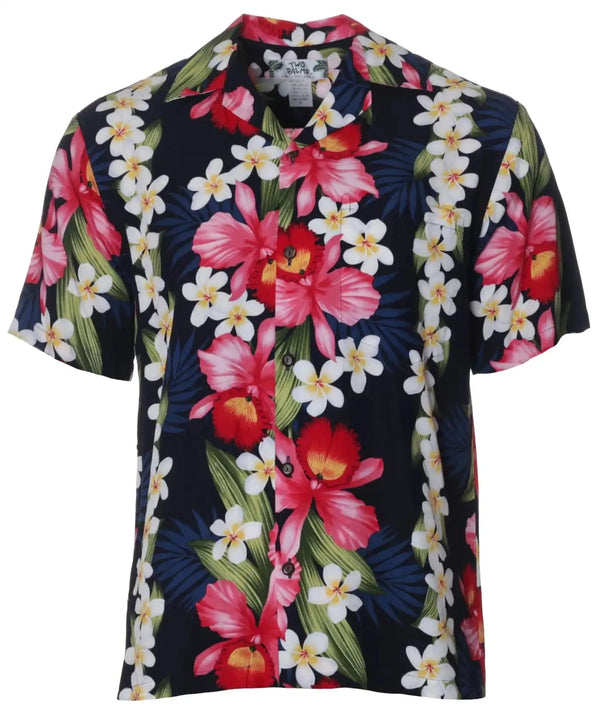 Plumeria Orchid Panel Aloha Shirt Navy