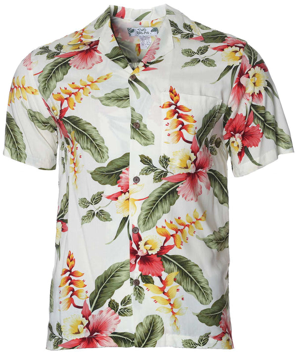 Men Rayon Hawaiian Shirt Orchid Pua Beige Two Palms