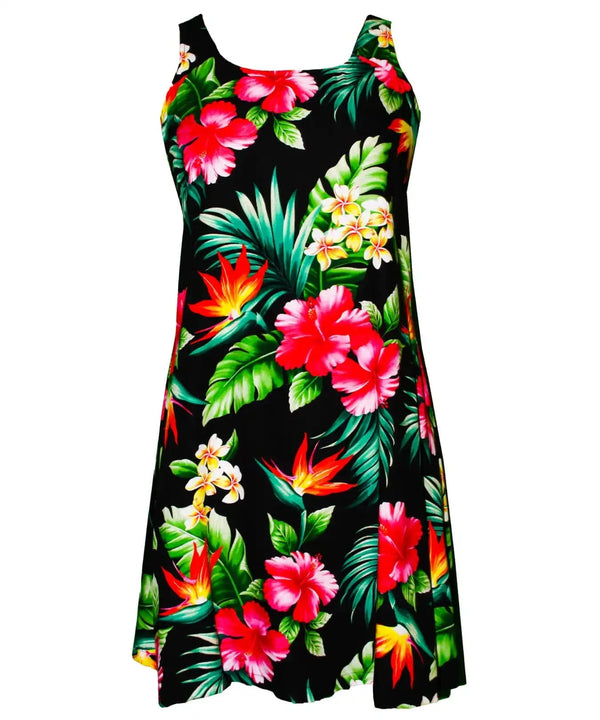 Women's Hawaiian A-Line Short Dress with Back Cutout Hibiscus & Birds of Paradise Black