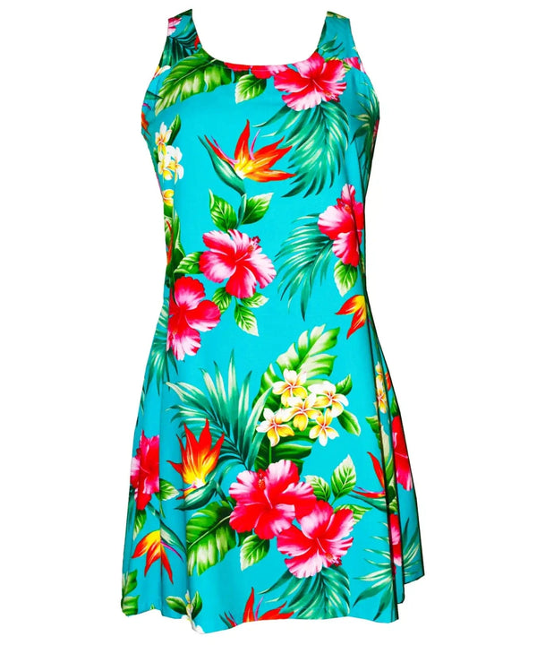 Women's Hawaiian A-Line Short Dress with Back Cutout Hibiscus & Birds of Paradise Marine