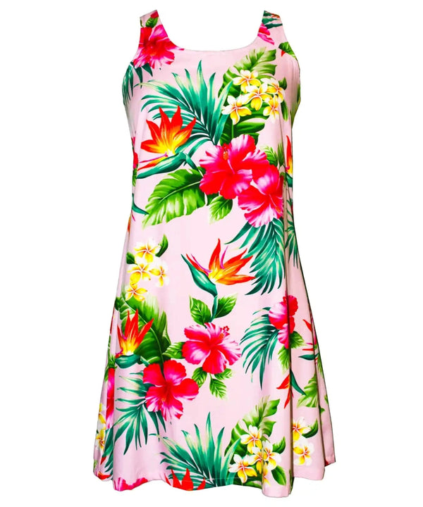 Women's Hawaiian A-Line Short Dress with Back Cutout Hibiscus & Birds of Paradise Pink
