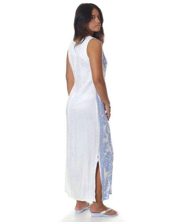 Prince Kuhio Long Maxi Hawaiian Dress White Blue