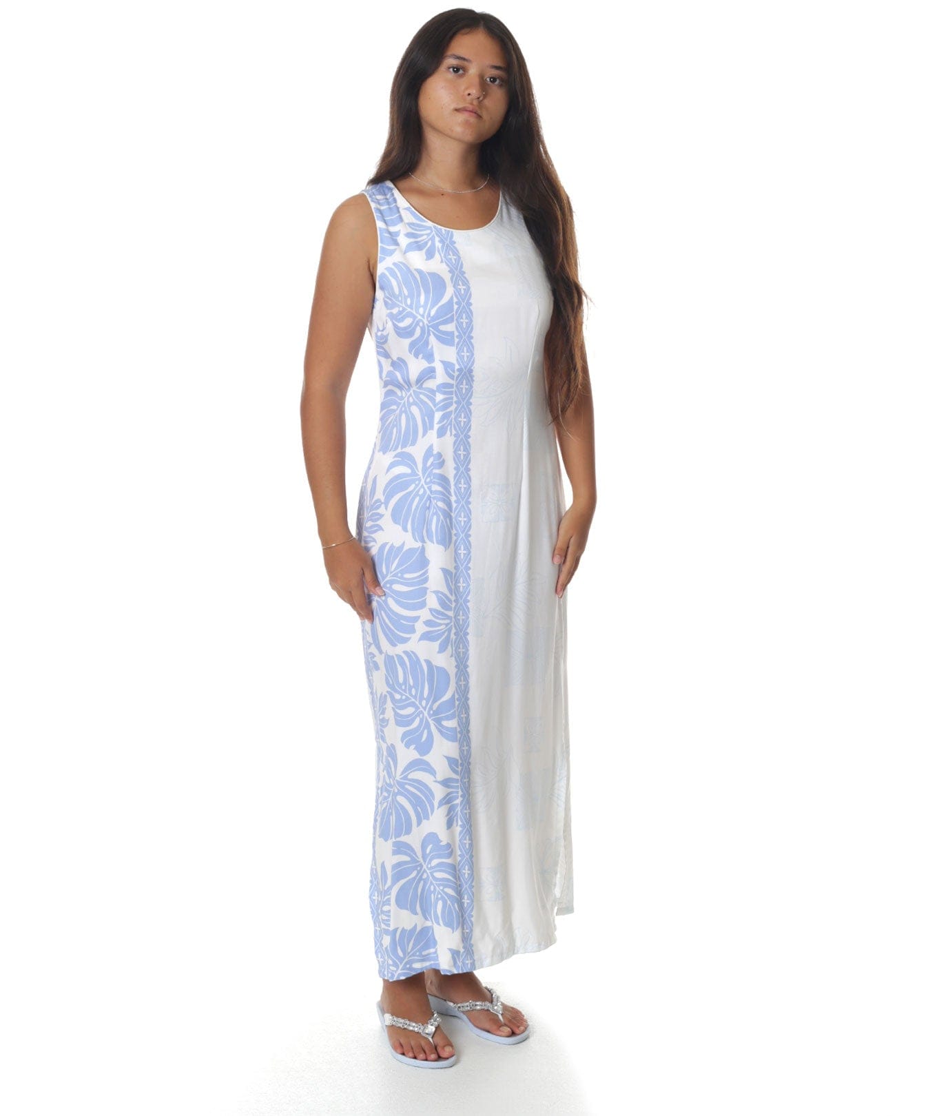 Prince Kuhio Long Maxi Hawaiian Dress White Blue White / 2XL Prince Kuhio Long Maxi Hawaiian Dress White Blue White / 2XL