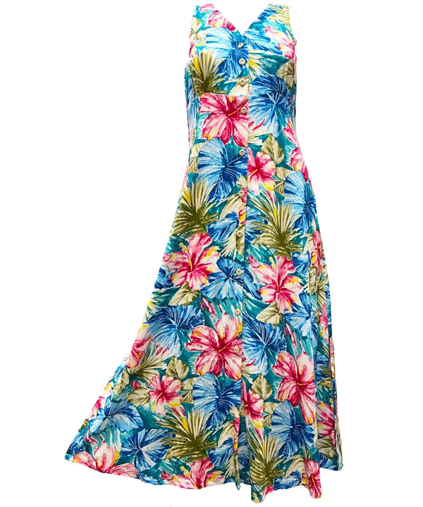 Painted Hibiscus Maxi Long Cocktail Hawaiian Dress Jade