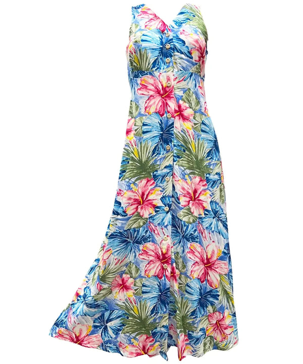 Painted Hibiscus Maxi Long Cocktail Hawaiian Dress Peri