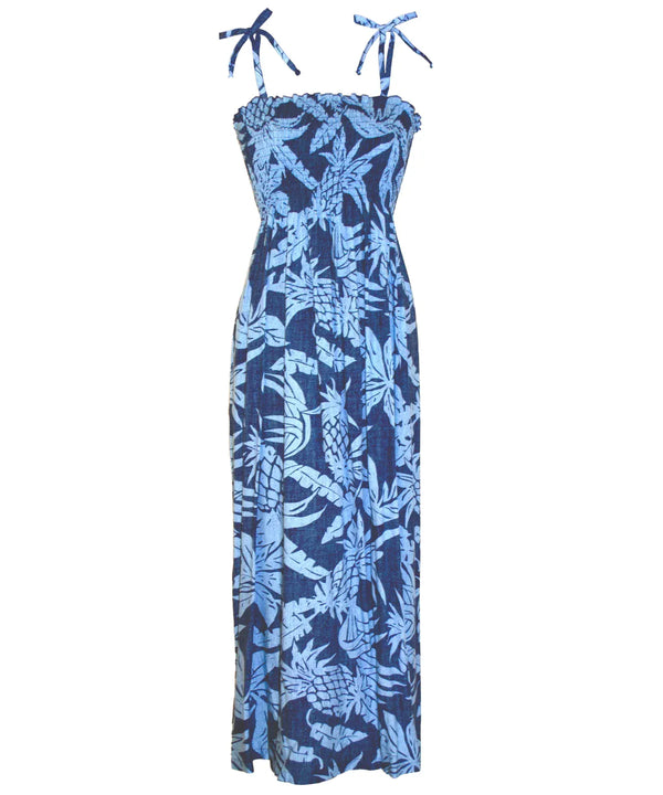Viva Pineapples Maxi Long Smock Rayon Dress Blue One size