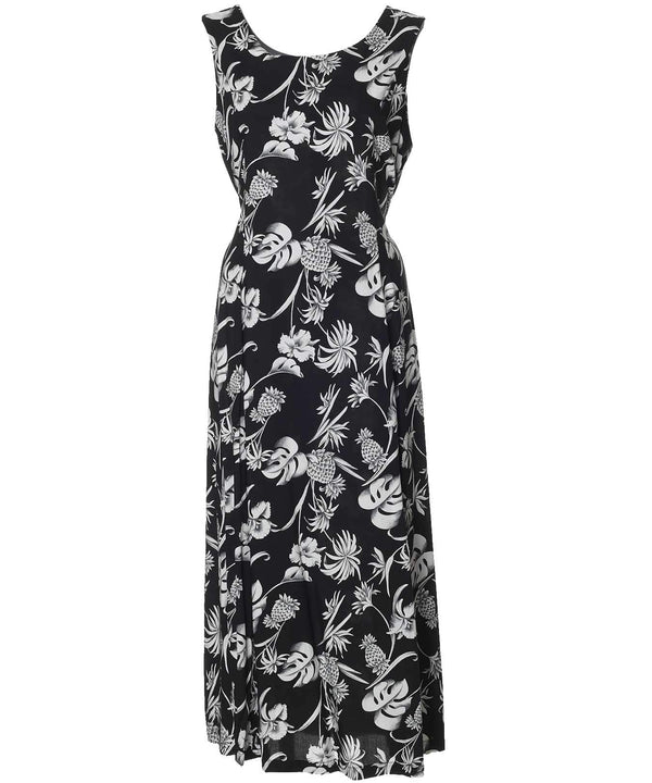 Long Hawaiian Dress Tie-Back Dream Garden Black