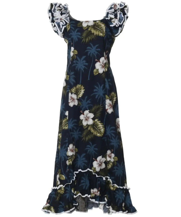 Ka Pua Long Muumuu Hawaiian Dress Navy Navy