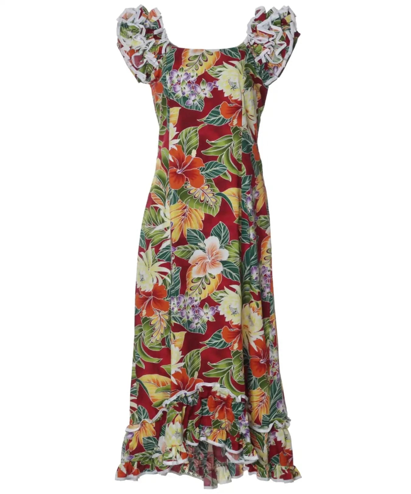 Tropical Forest Mirage Hawaiian Long Muumuu Red Dress Red / L Tropical Forest Mirage Hawaiian Long Muumuu Red Dress Red / L