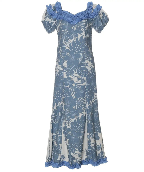 Ruffle Muumuu Long Dress Flower Lei Hibiscus Panel with Sleeves Blue