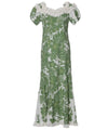 Ruffle Muumuu Long Dress Flower Lei Hibiscus Panel with Sleeves Green