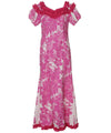 Ruffle Muumuu Long Dress Flower Lei Hibiscus Panel with Sleeves Pink