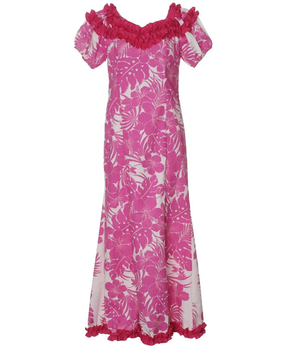 Ruffle Muumuu Long Dress Flower Lei Hibiscus Panel with Sleeves Pink