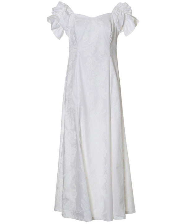 Long Muumuu Ruffled Hawaiian Dress Honolulu City of Leis with Sleeves White