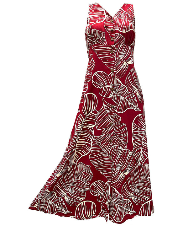 Long Maxi Cocktail Hawaiian Dress Taro Leaf Red