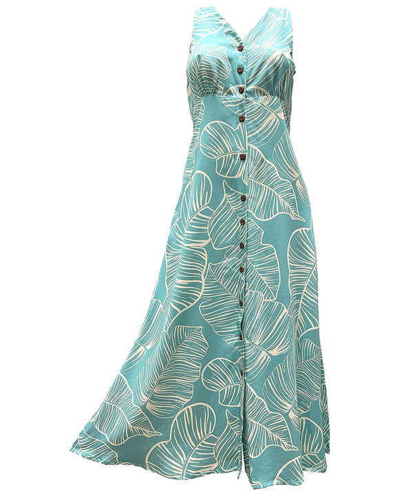 Long Maxi Cocktail Hawaiian Dress Taro Leaf Sky Blue