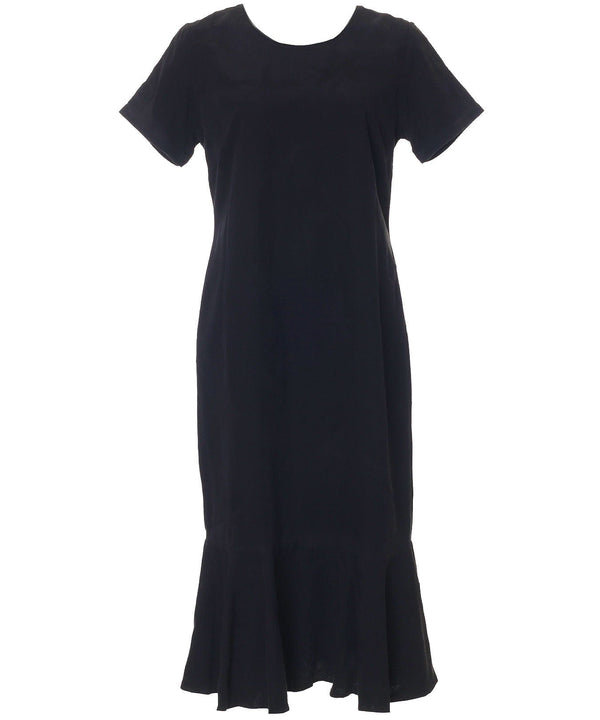 Tea Length Silk Dress Tropical Palms with Sleeves Black 2XL