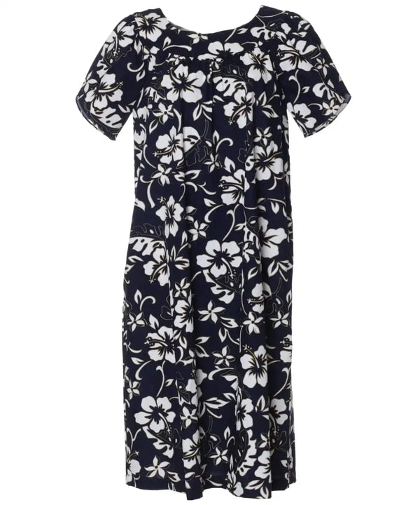 Short Hawaii Muumuu Pull Over Classic Hibiscus Pareo Navy