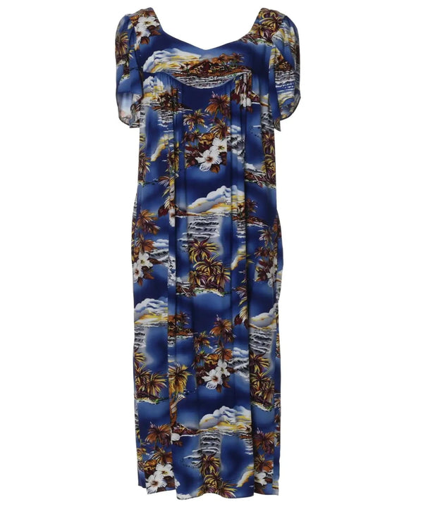 Blue Hawaii Midi Muumuu Dress with Tulip Sleeves Blue