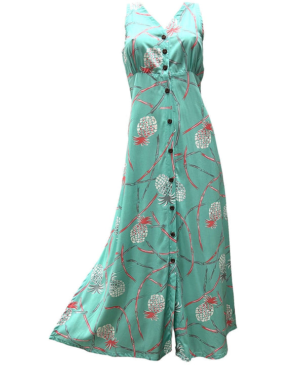 Maxi Long Cocktail Hawaiian Dress Pineapples Bamboo Seafoam