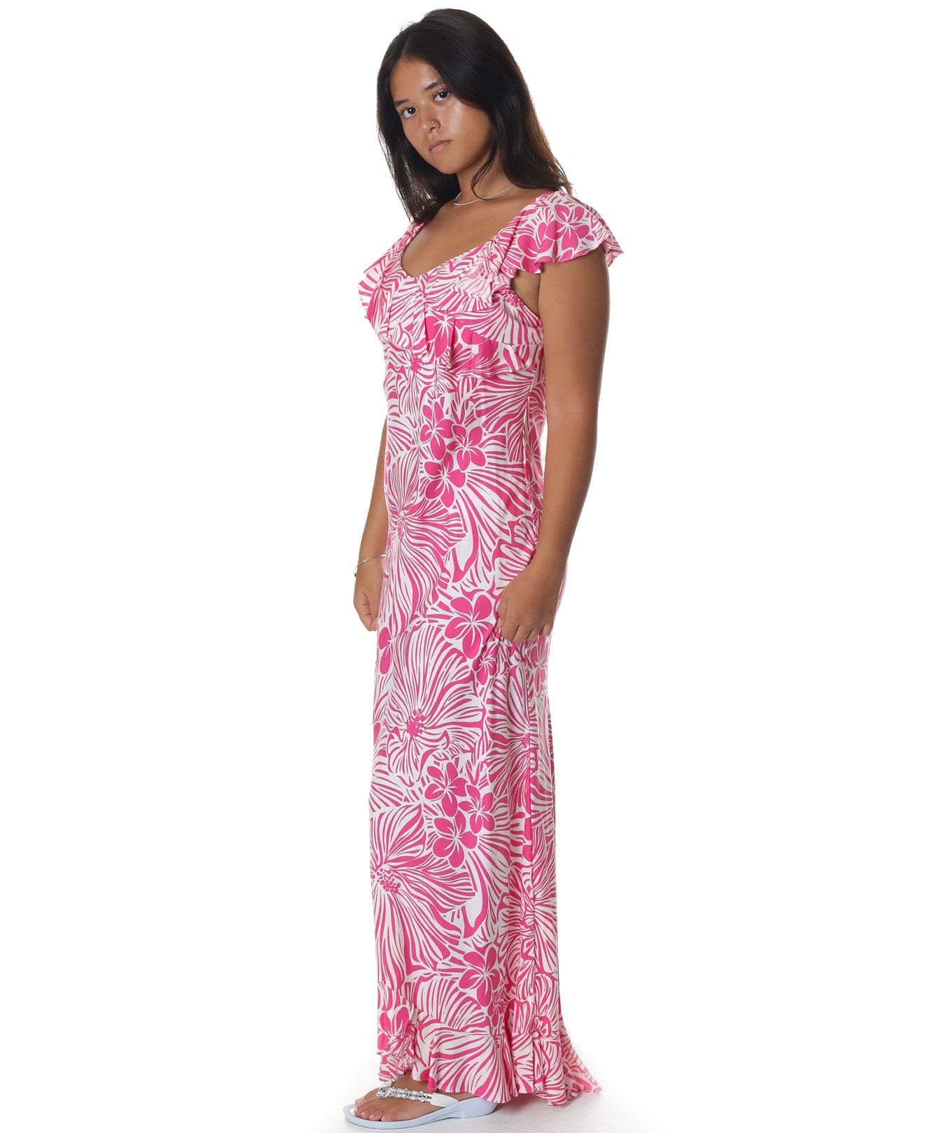 Pink Floral Long Ruffled Muumuu Dress Pink / M Pink Floral Long Ruffled Muumuu Dress Pink / M