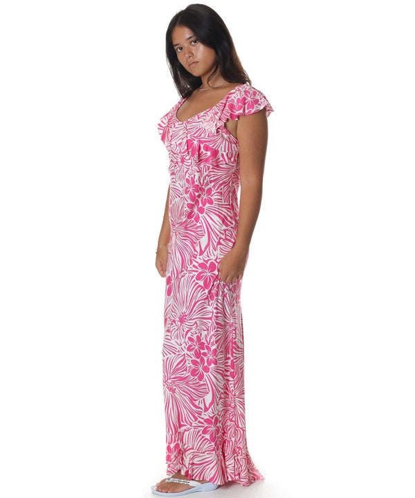 Pink Floral Long Ruffled Muumuu Dress Pink