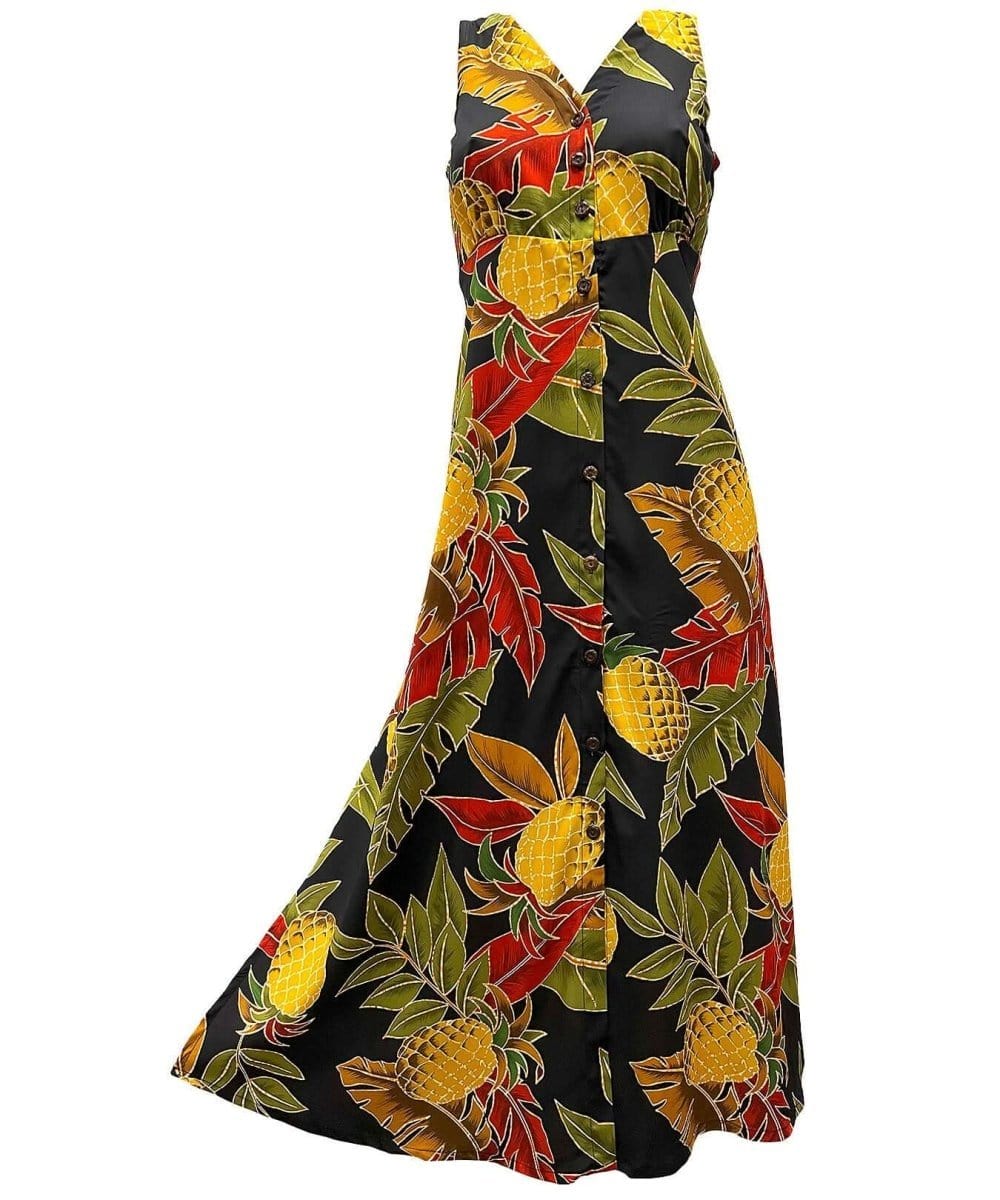Retro Pineapples Long Maxi Cocktail Hawaiian Dress Black / M Retro Pineapples Long Maxi Cocktail Hawaiian Dress Black / M