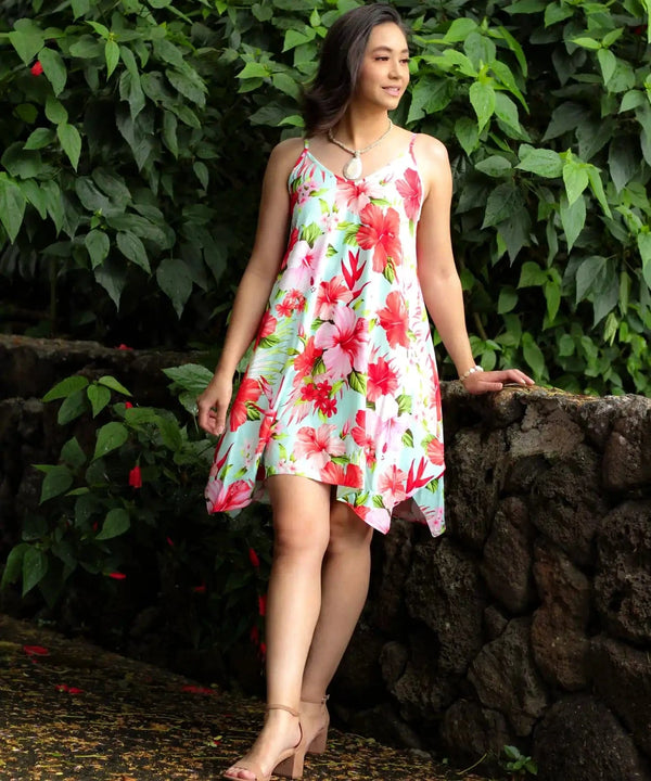 Short Dress with Scarf Hem Mega Hibiscus Aqua