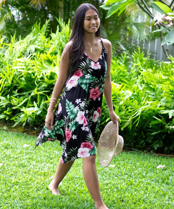 Wailana Scarf Hem Short Hawaiian Dress Black