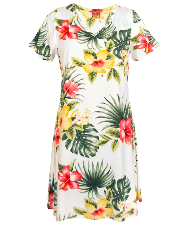 Lihue Hibiscus Short Sleeves A-Line Pullover Hawaiian Dress White