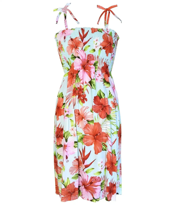 Hawaiian Dress Smocked Top Mega Hibiscus Aqua