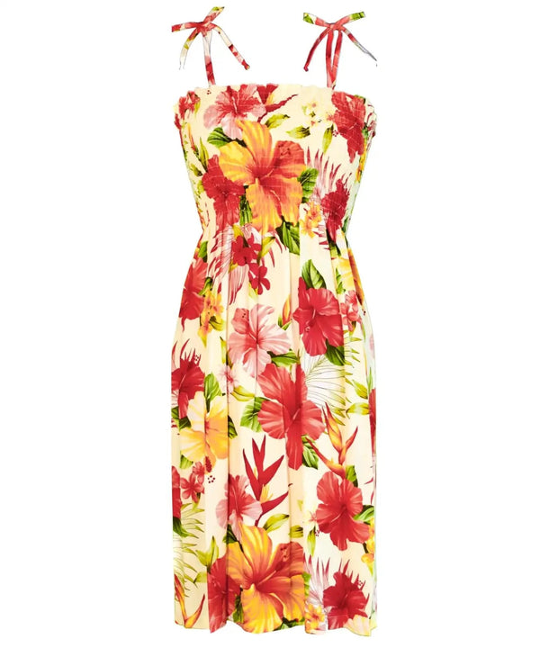 Hawaiian Dress Smocked Top Mega Hibiscus Cream